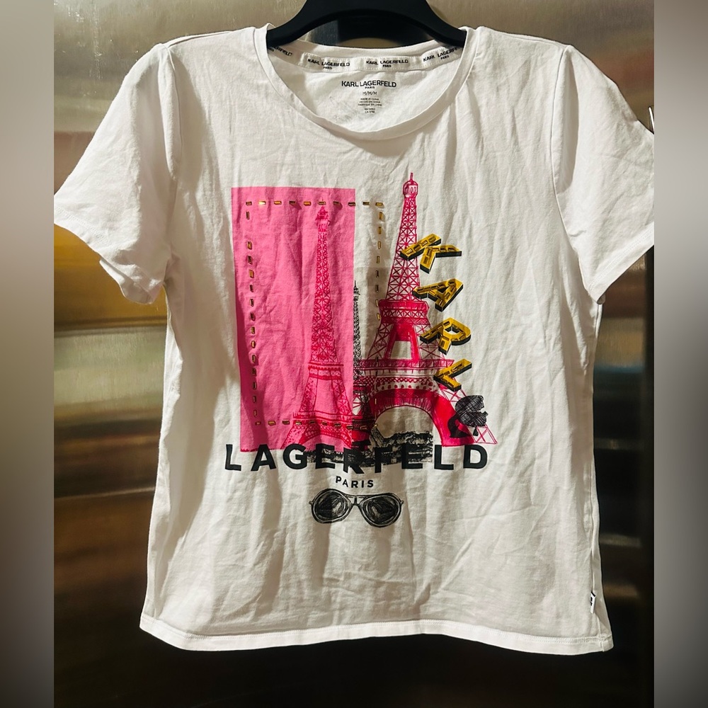 Karl Lagerfeld✨🤍🩷 White Tee with Eiffel Tower Design